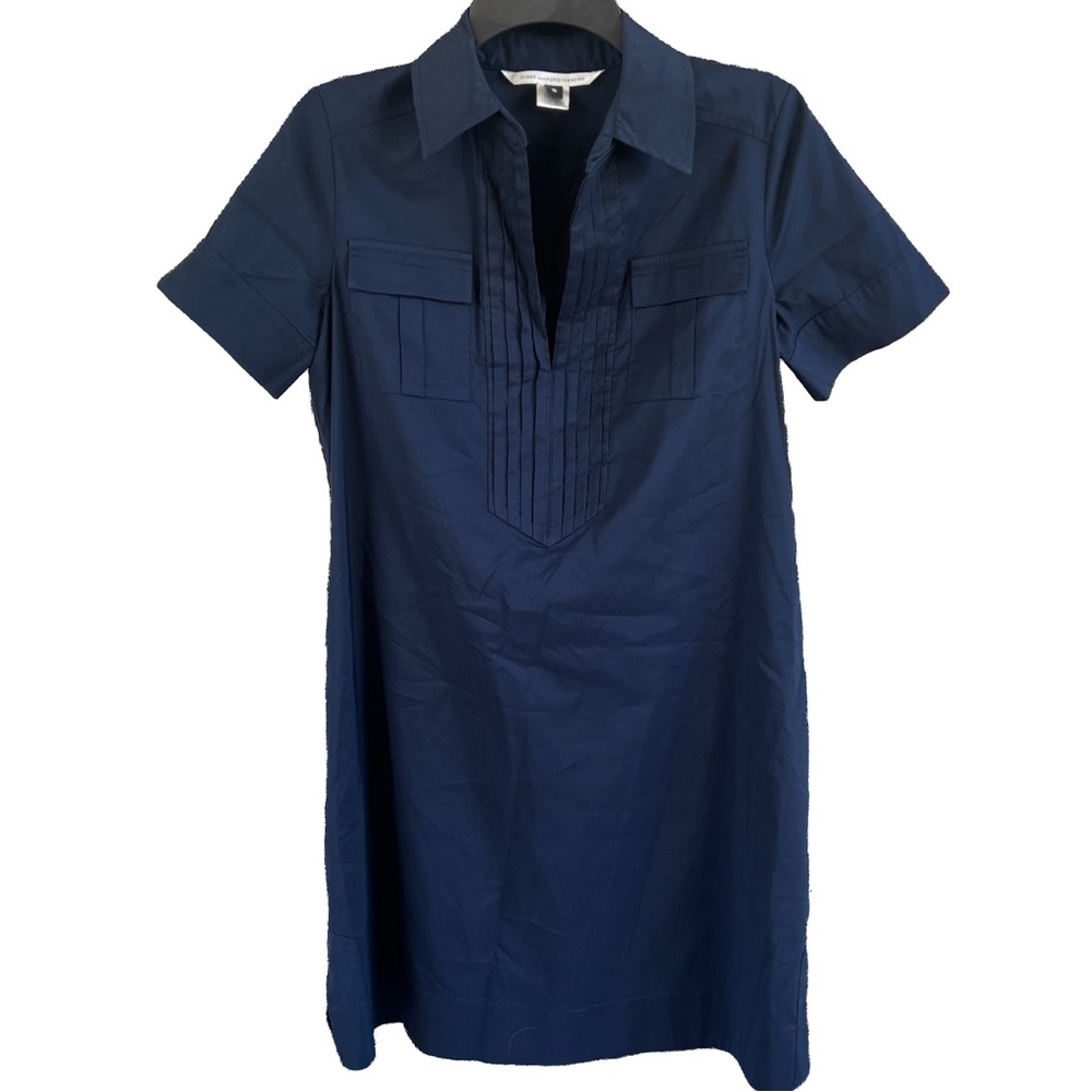 Diane Von Furstenberg Dress Navy Blue Short Sleeve Shirt Dress 6 DVF Designer